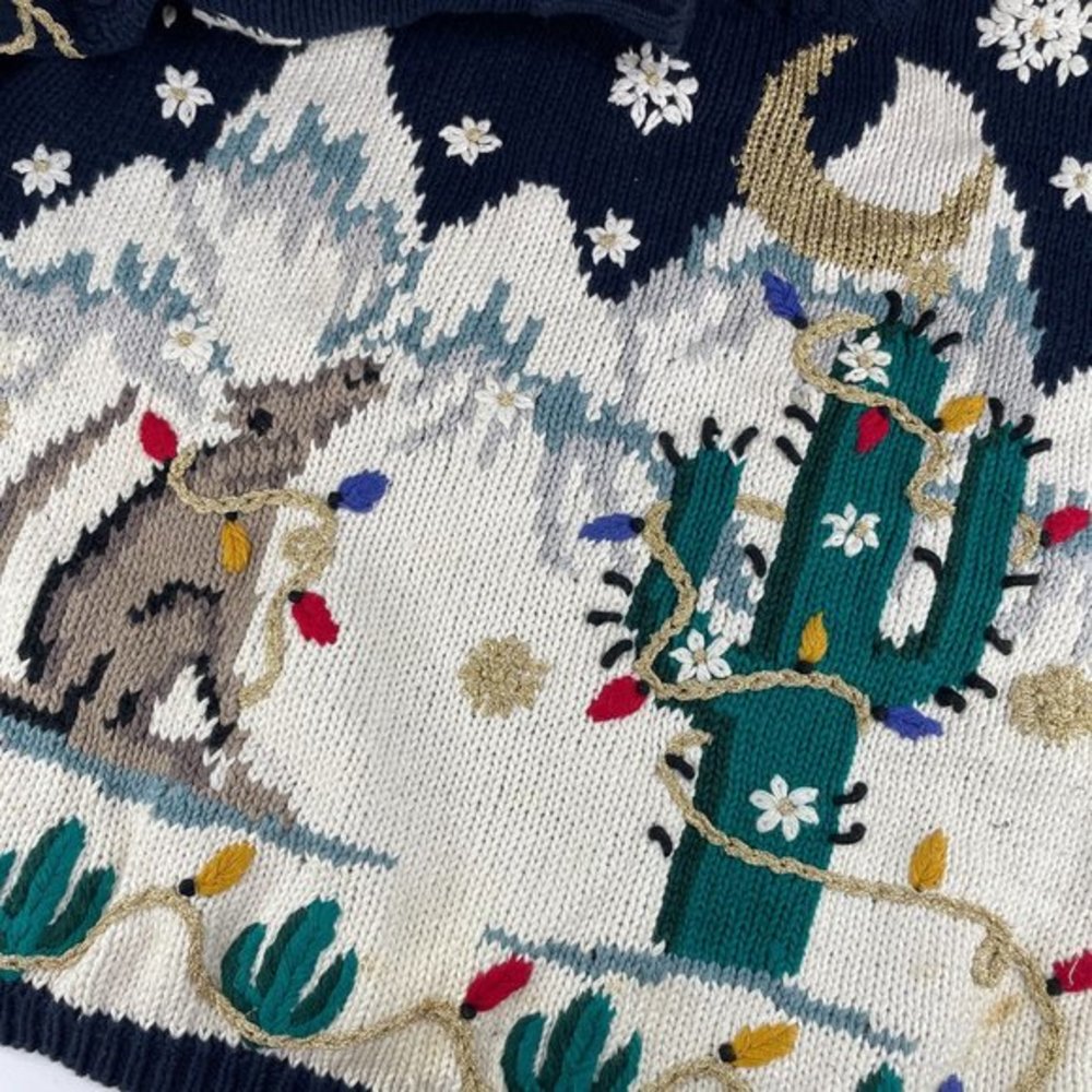 Womens Vintage 90s DBL Christmas Sweater Desert Western Cactus Coyote‎ Medium